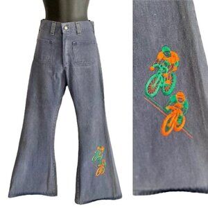 Vintage 1970s Ely Bell Bottoms Jeans with Cyclists High Waist Size 26 Sz S retro